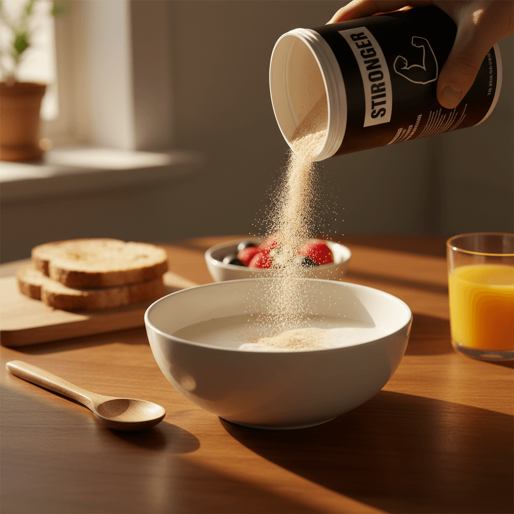 Stronger supplement powder being mixed into a dairy base