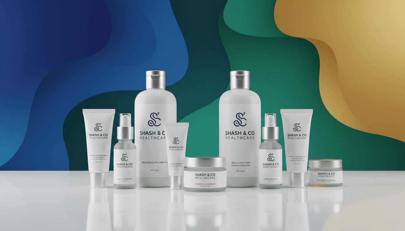 Shash & Co Healthcare product lineup on themed background.