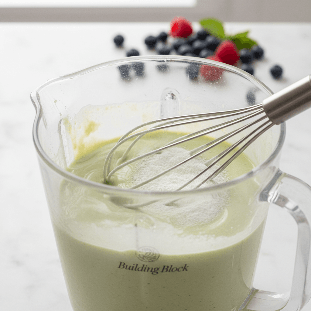 Building Block powder being whisked into a smoothie mixture