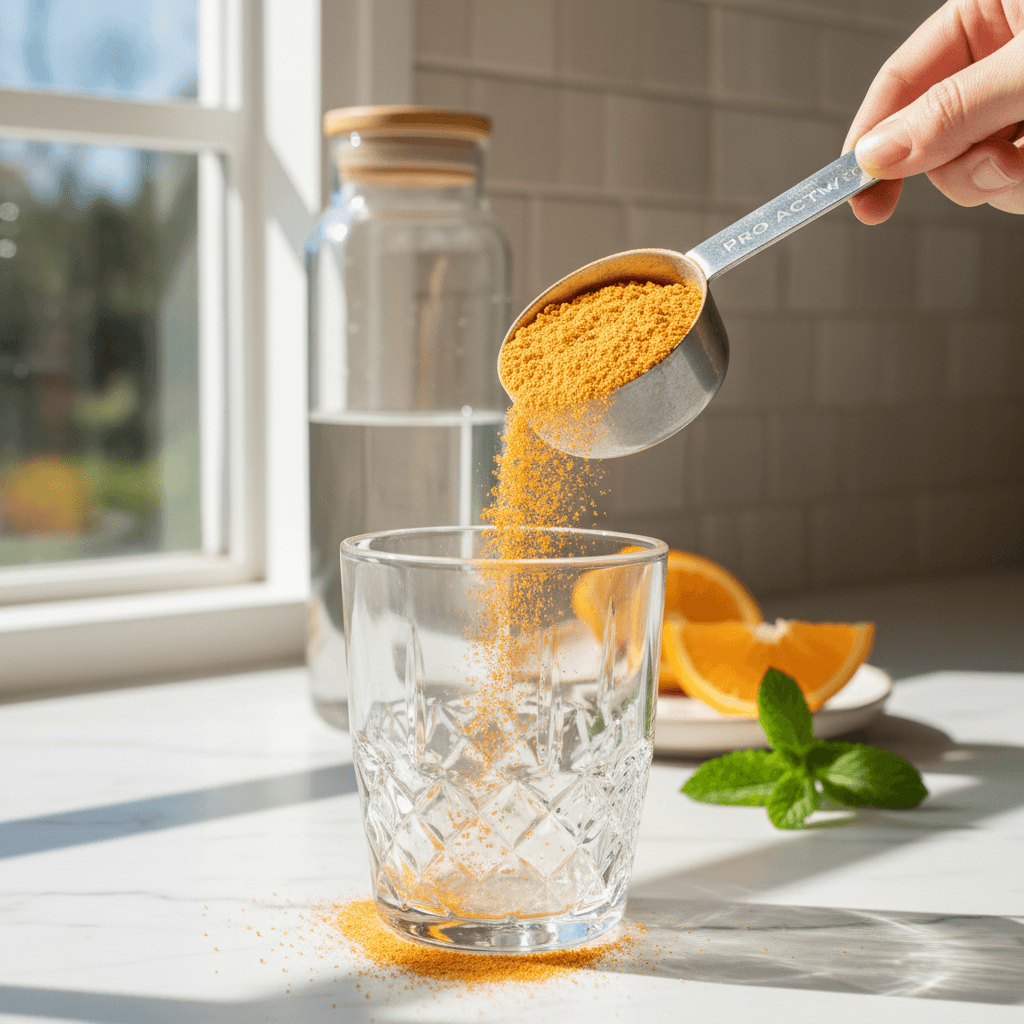 Pro Active Glow powder being measured with a scoop into a glass