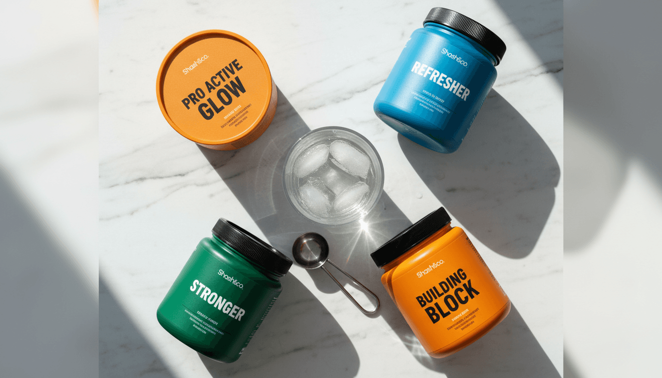 Four Shash&co supplement containers arranged with precise dosing equipment