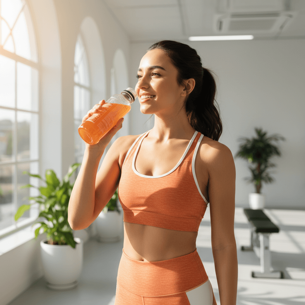 Young woman drinking orange energy drink with healthy glow