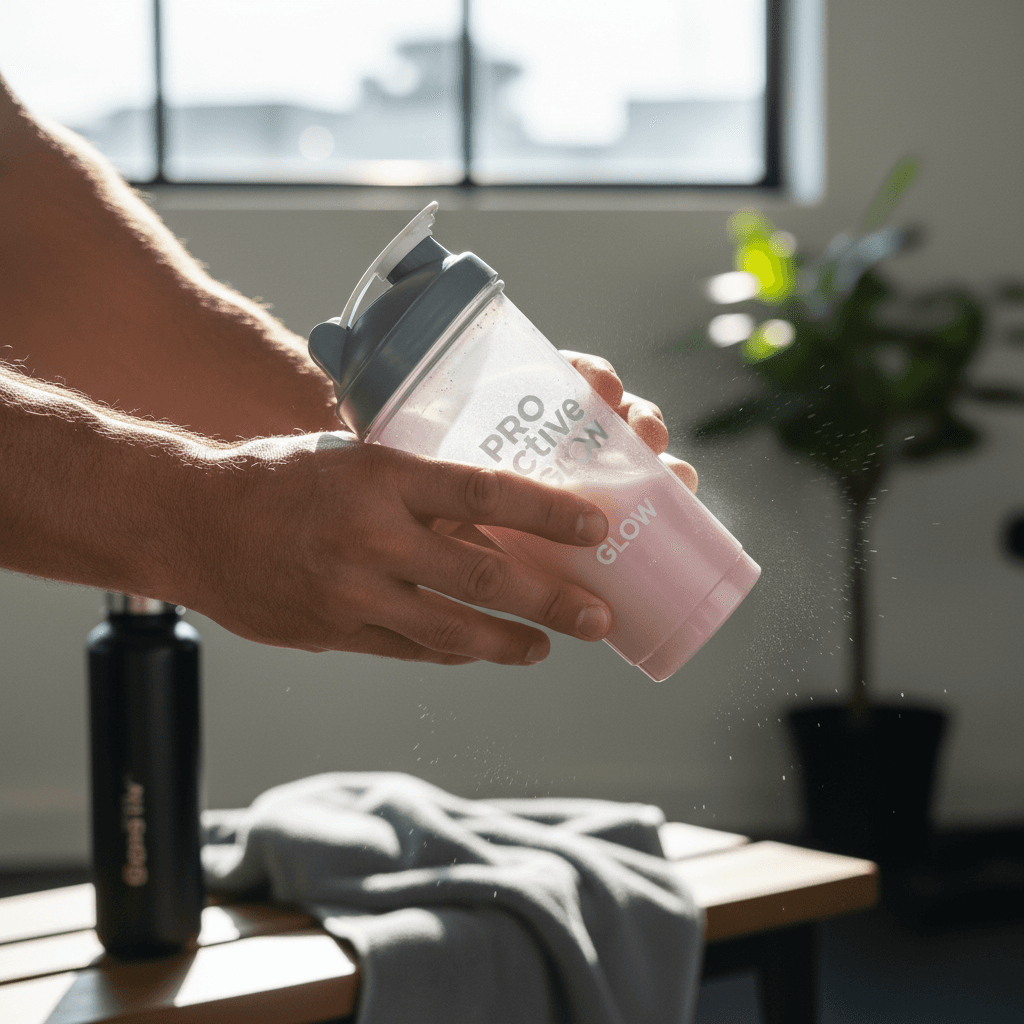 Shaker bottle with Pro Active Glow being mixed before consumption
