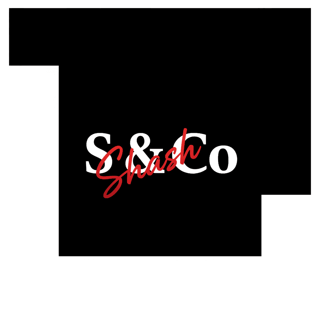 Black square logo featuring bold S & Co with red script Shash text overlapping