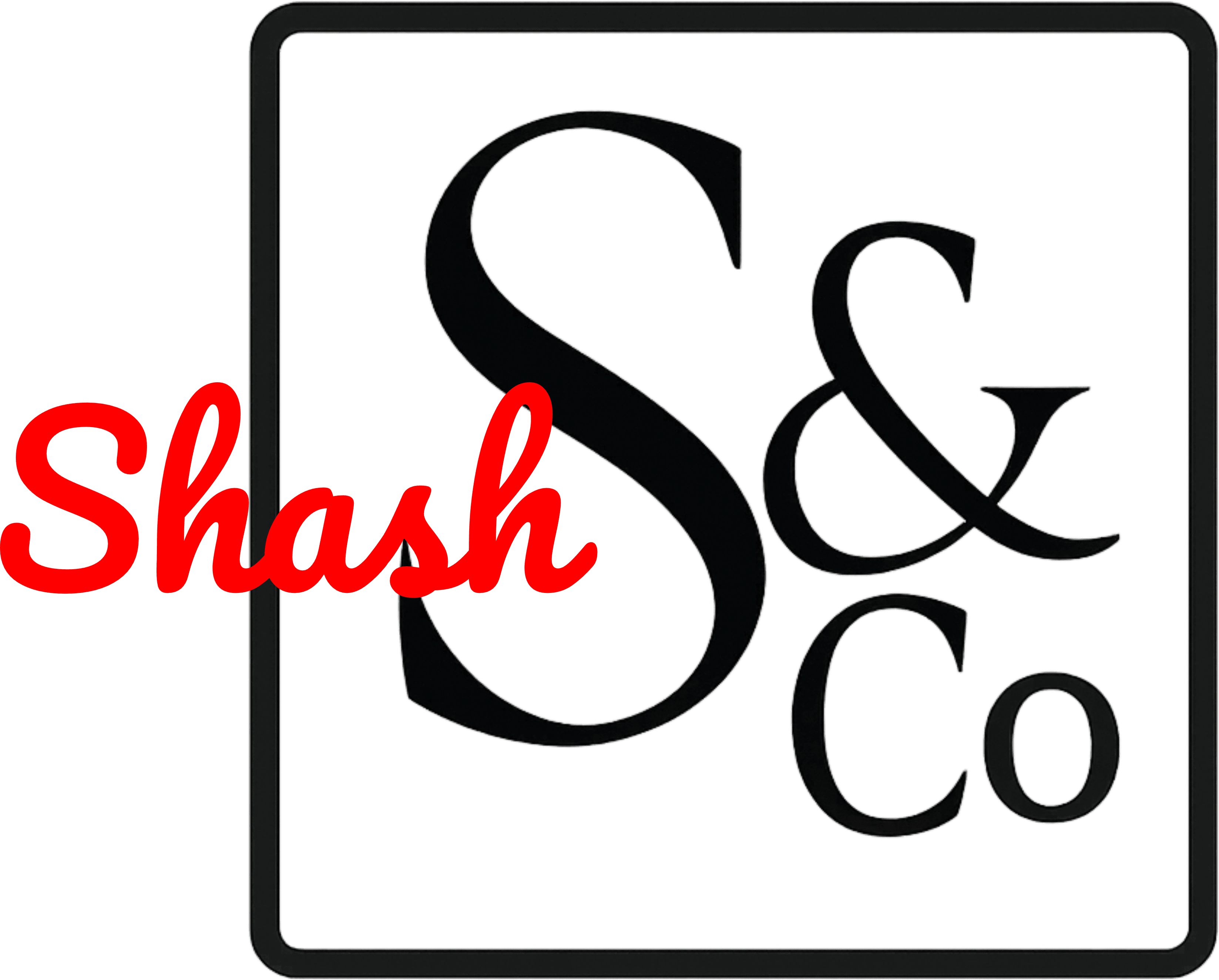 Red script 'Shash' text overlapping a large outlined 'S & Co' on black.